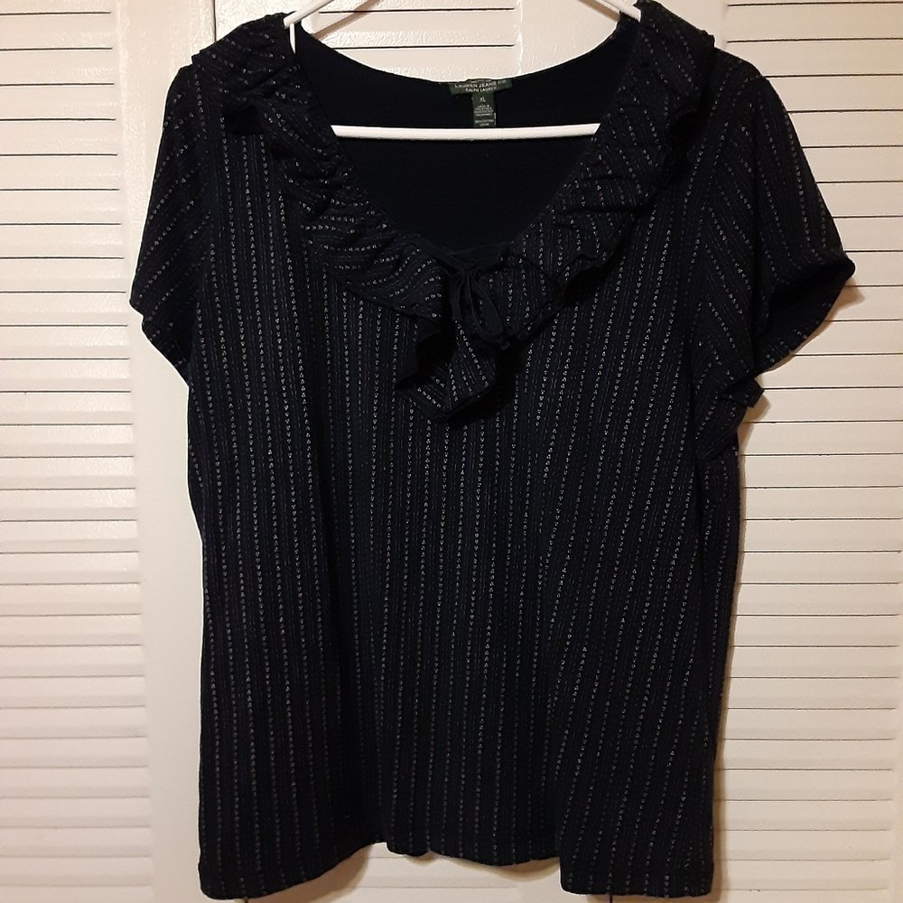 LRL Lauren Jeans Co navy ruffle collar top